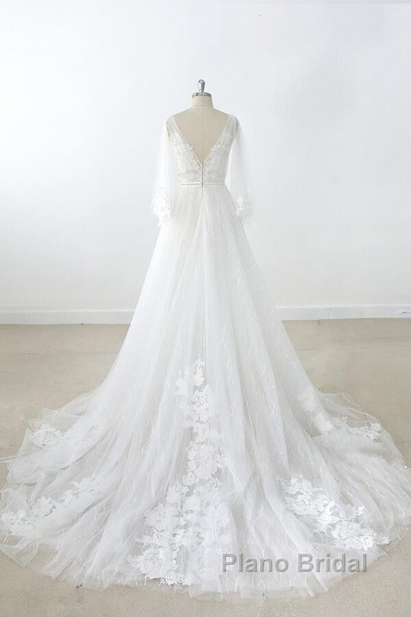 Long A-line V-neck Appliques Lace Tulle Backless Wedding Dress with Sleeves Secondary image