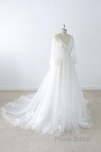 Long A-line V-neck Appliques Lace Tulle Backless Wedding Dress with Sleeves