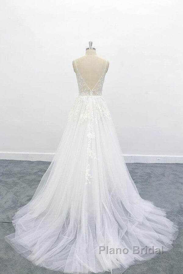Long A-line V-neck Backless Appliques Lace Tulle Wedding Dress Secondary image
