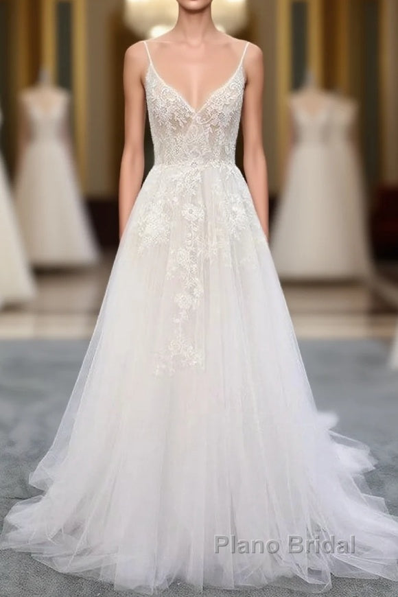 Long A-line V-neck Backless Appliques Lace Tulle Wedding Dress Main image