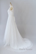 Long A-line V-neck Lace Tulle Backless Wedding Dress