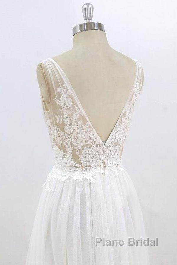 Long A-line V-neck Lace Tulle Open Back Wedding Dress
