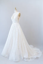 Long A-line V-neck Open Back Appliques Lace Tulle Wedding Dress