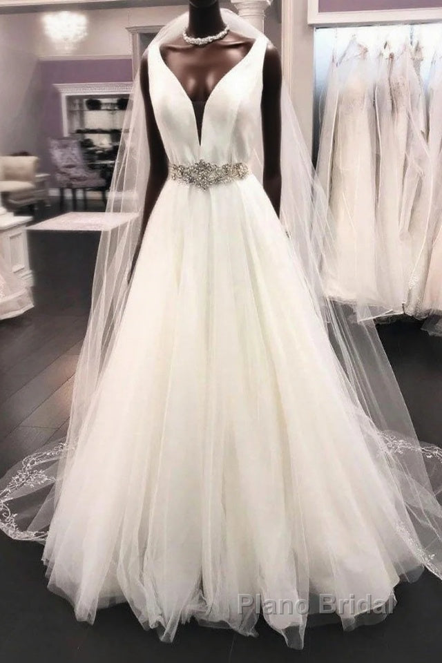 Long A-line V Neck Satin Tulle Wedding Dress