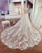 Long A-line V-neck Sleeveless Floral Lace Tulle Boho Wedding Dresses