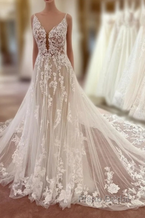 Long A-line V-neck Sleeveless Floral Lace Tulle Boho Wedding Dresses Main image