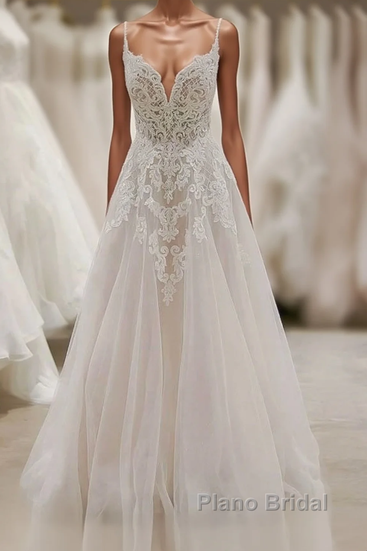 Long A-line V-neck Spaghetti Straps Appliques Tulle Wedding Dress Main image