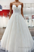 Long A-line V-neck Spaghetti Straps Tulle Lace Backless Wedding Dress
