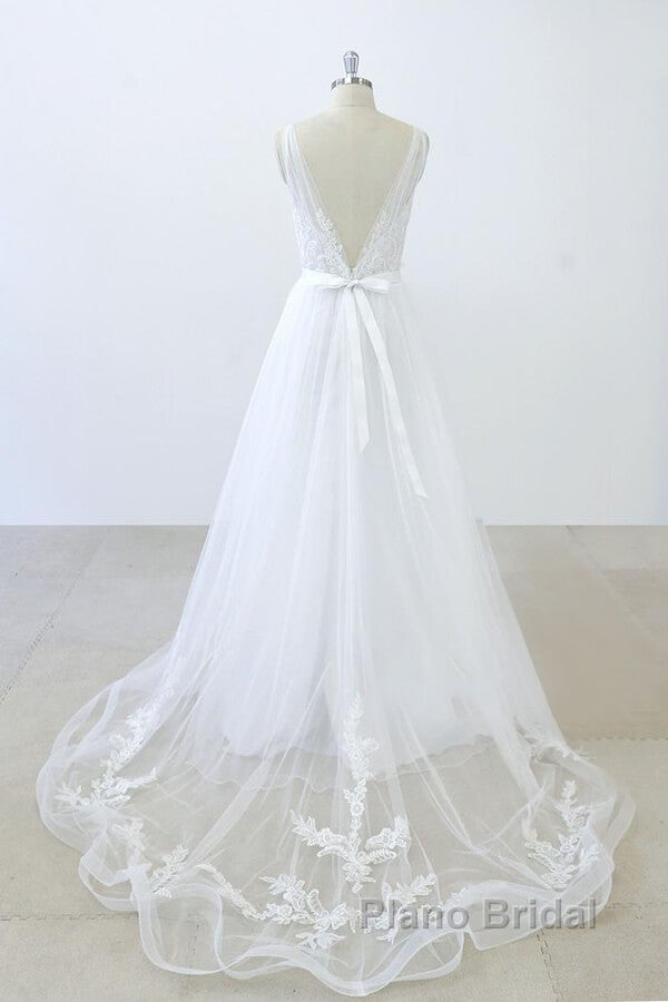 Long A-line V-neck Sweetheart Ruffle Applqiues Tulle Backless Wedding Dress Secondary image
