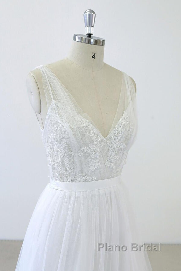 Long A-line V-neck Sweetheart Ruffle Applqiues Tulle Backless Wedding Dress