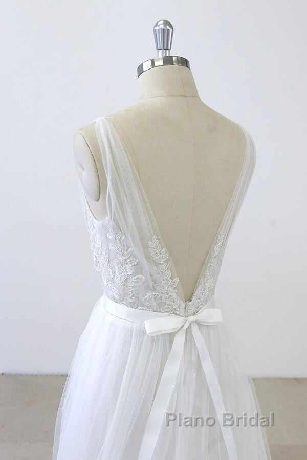 Long A-line V-neck Sweetheart Ruffle Applqiues Tulle Backless Wedding Dress