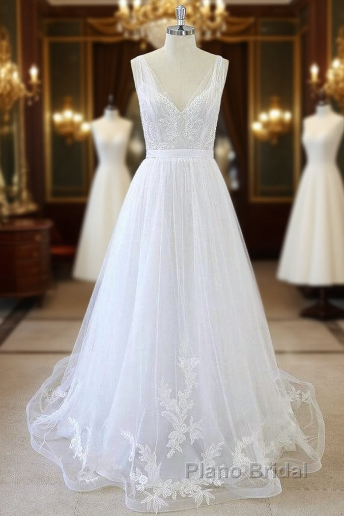Long A-line V-neck Sweetheart Ruffle Applqiues Tulle Backless Wedding Dress