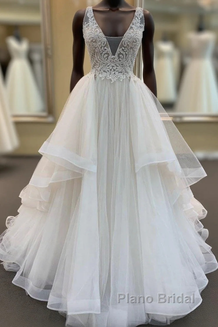 Long A-line V-neck Tulle Lace Wedding Dress Main image