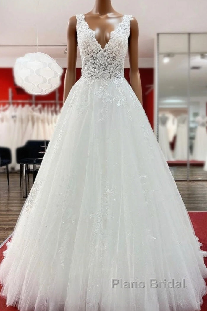 Long A-line V-neck Tulle Lace White Ruffles Wedding Dresses Main image