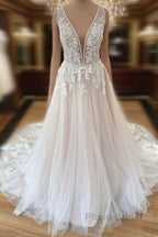 Long A-Line Wide Straps Tulle  Floral Lace Wedding Dress