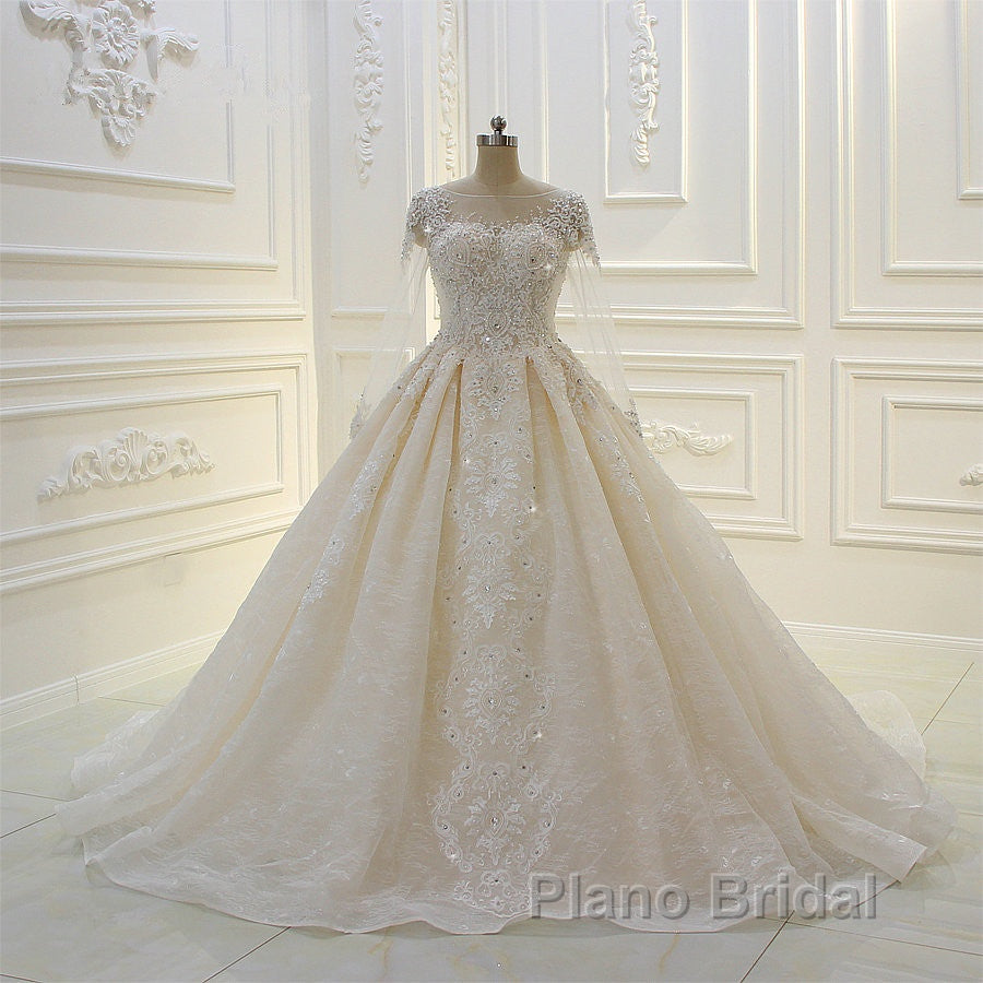 Long Ball Gown Beading Bateau Appliques Lace Wedding Dress with Sleeves Secondary image
