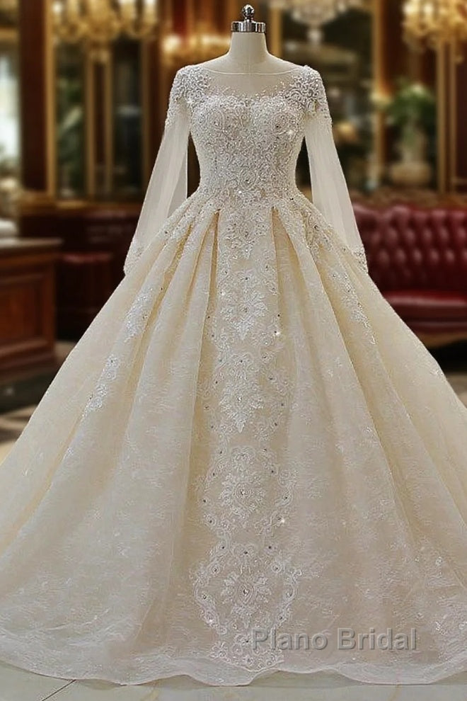 Long Ball Gown Beading Bateau Appliques Lace Wedding Dress with Sleeves Main image