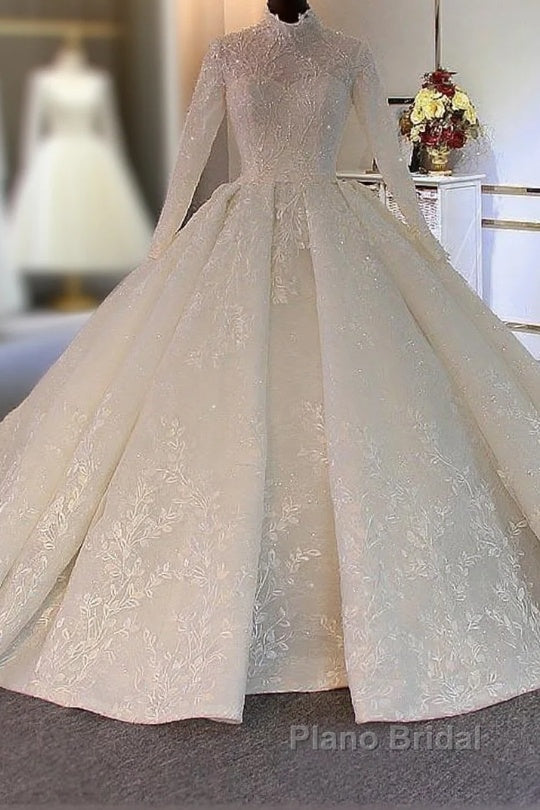 Long Ball Gown High Neck Tulle Lace Wedding Dresses with Sleeves Main image