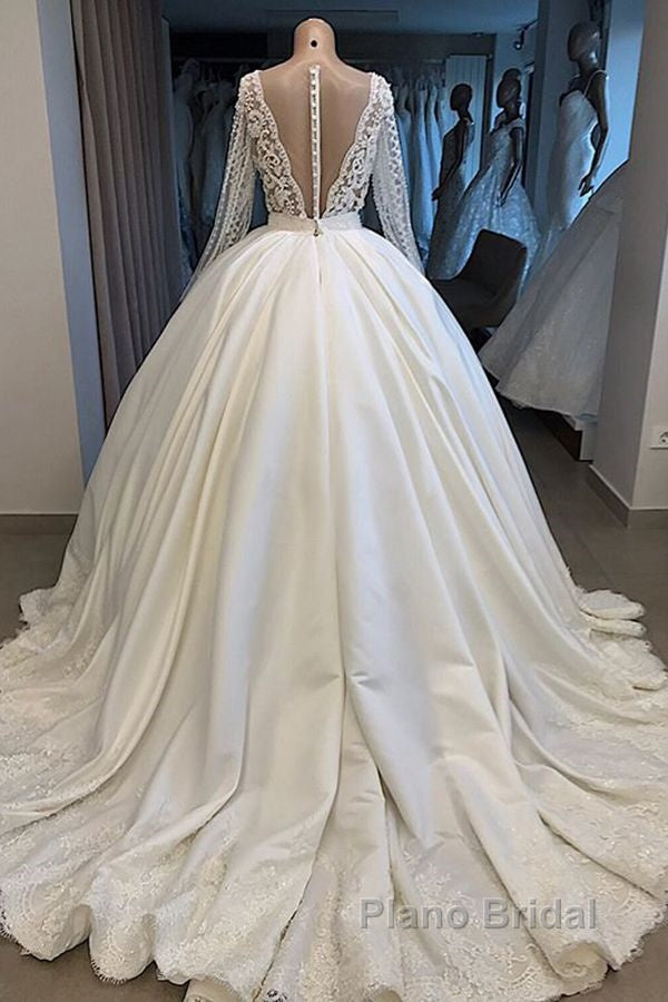 Long Ball Gown Satin V-neck Wedding Dress with Sleeves Secondary image
