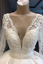 Long Ball Gown Satin V-neck Wedding Dress with Sleeves