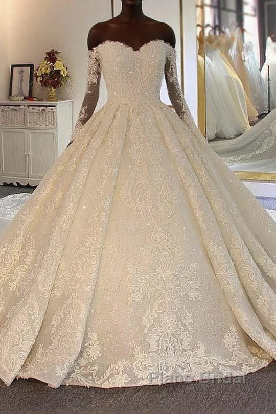 Long Ball Gown Sweetheart Lace Beading Wedding Dresses with Sleeves Main image