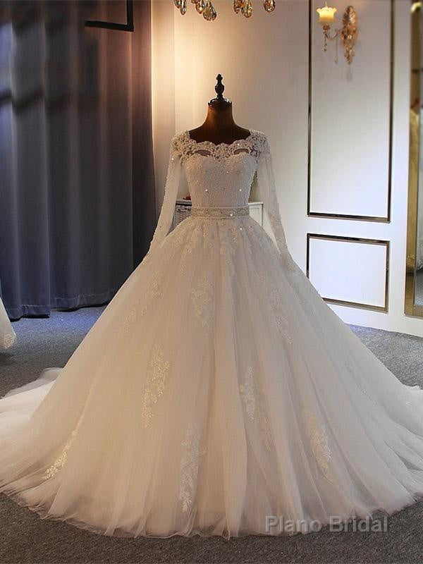 Long Ball Gown Sweetheart Tulle Lace Wedding Dresses with Sleeves Main image