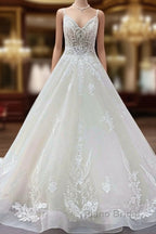 Long Ball Gown V-neck Spaghetti Straps Tulle Lace Wedding Dress