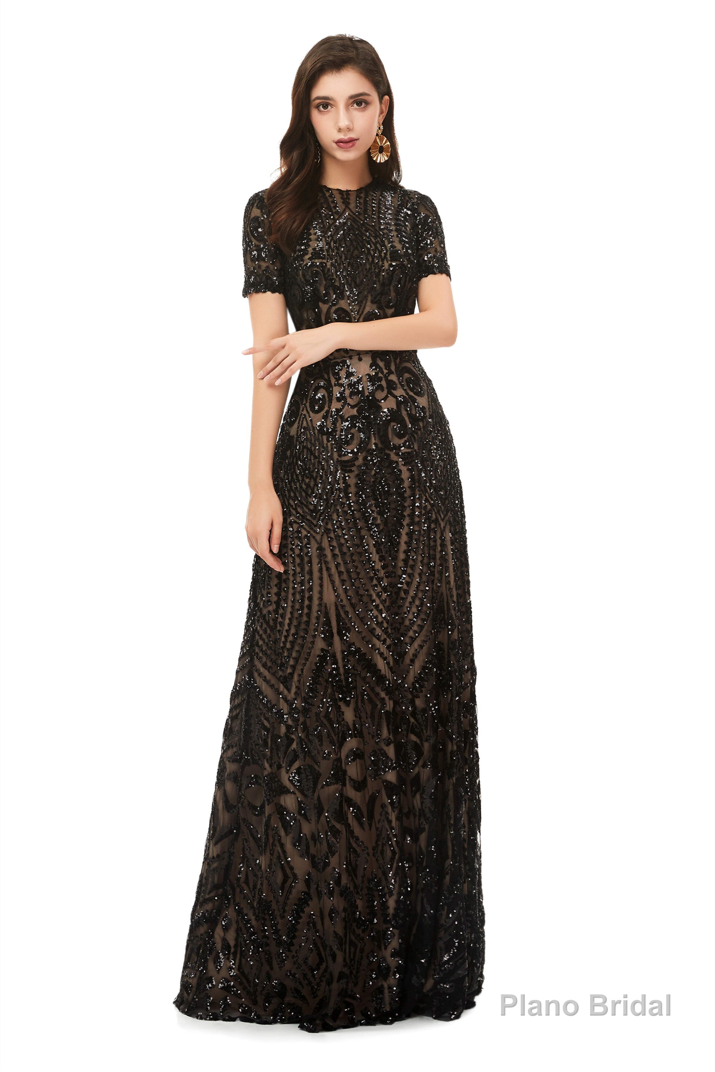 Long Black Sparkly Sequins Prom Dresses With Short Sleeves Main image