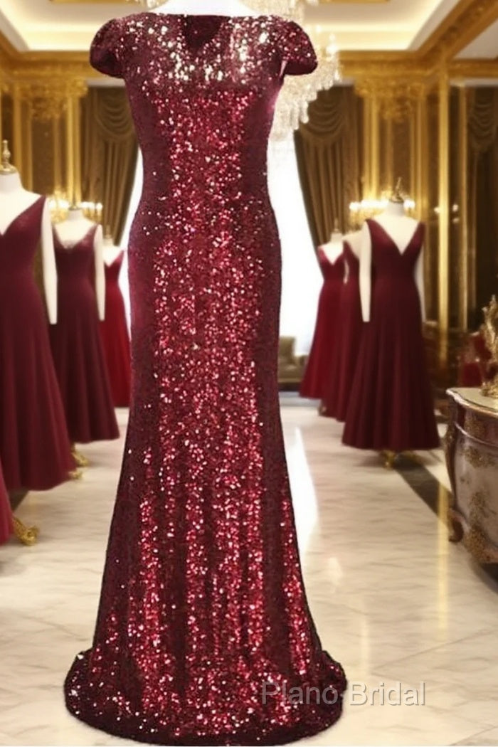 Long Burgundy Sequins Dropped Back Mermaid Bridesmaid Dresses Main image