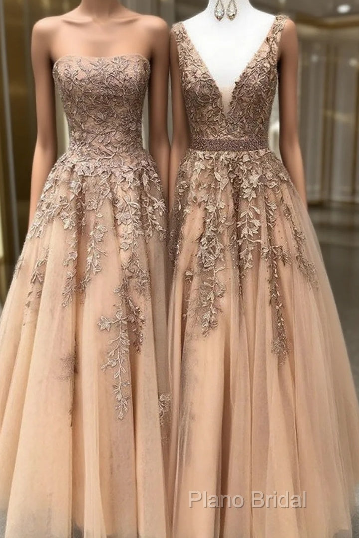 Long Champagne Formal Prom Dresses Sexy V Neck Strapless A Line Appliques Formal Party Dresses Main image