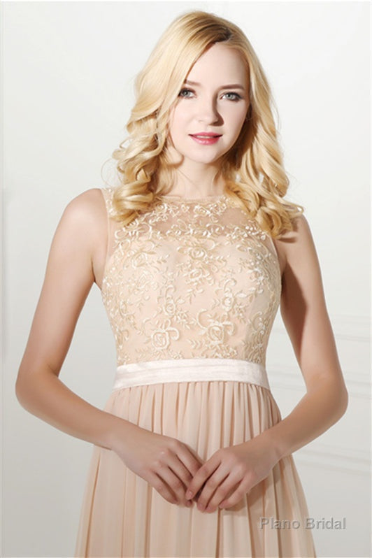 Long Chiffon Champagne Prom Dresses With Lace Bodice