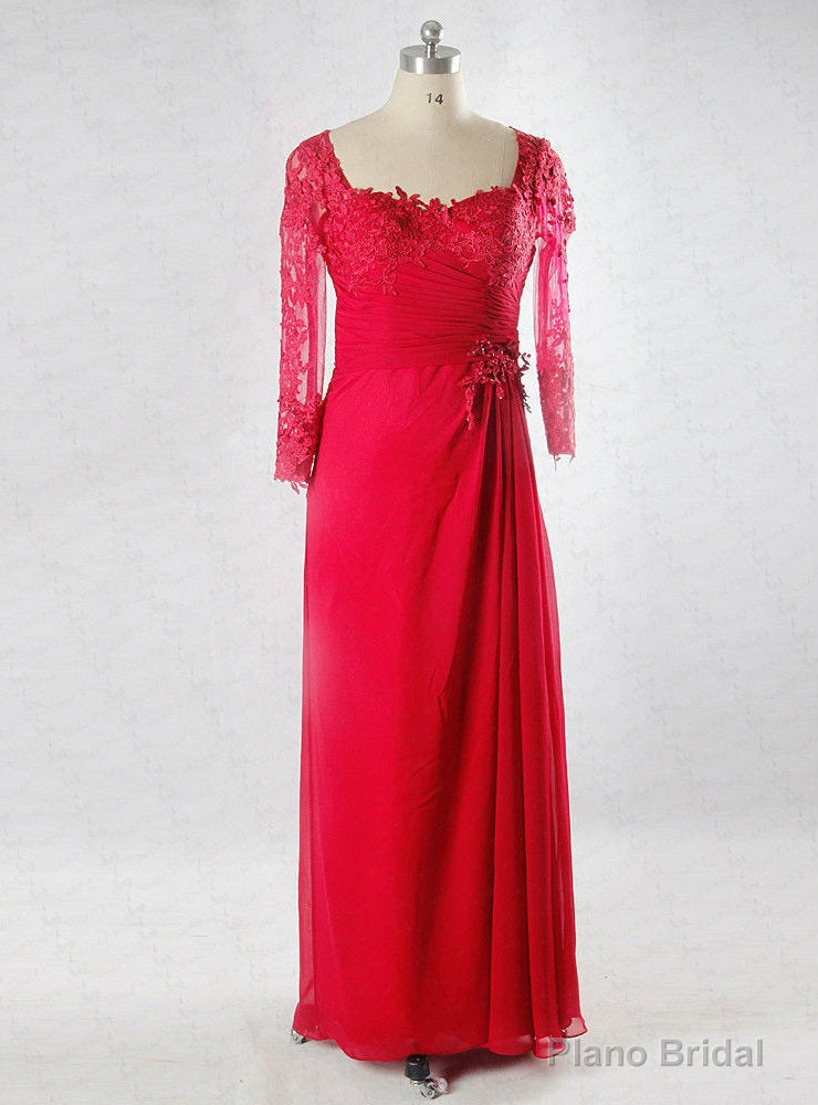 Long Chiffon Pleated Lace Sleeve Back Red Mother Of The Bride Dress Main image