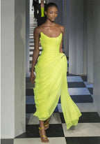 Long Chiffon Yellow Formal Prom Dresses With Irregular Skirt