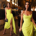 Long Chiffon Yellow Formal Prom Dresses With Irregular Skirt