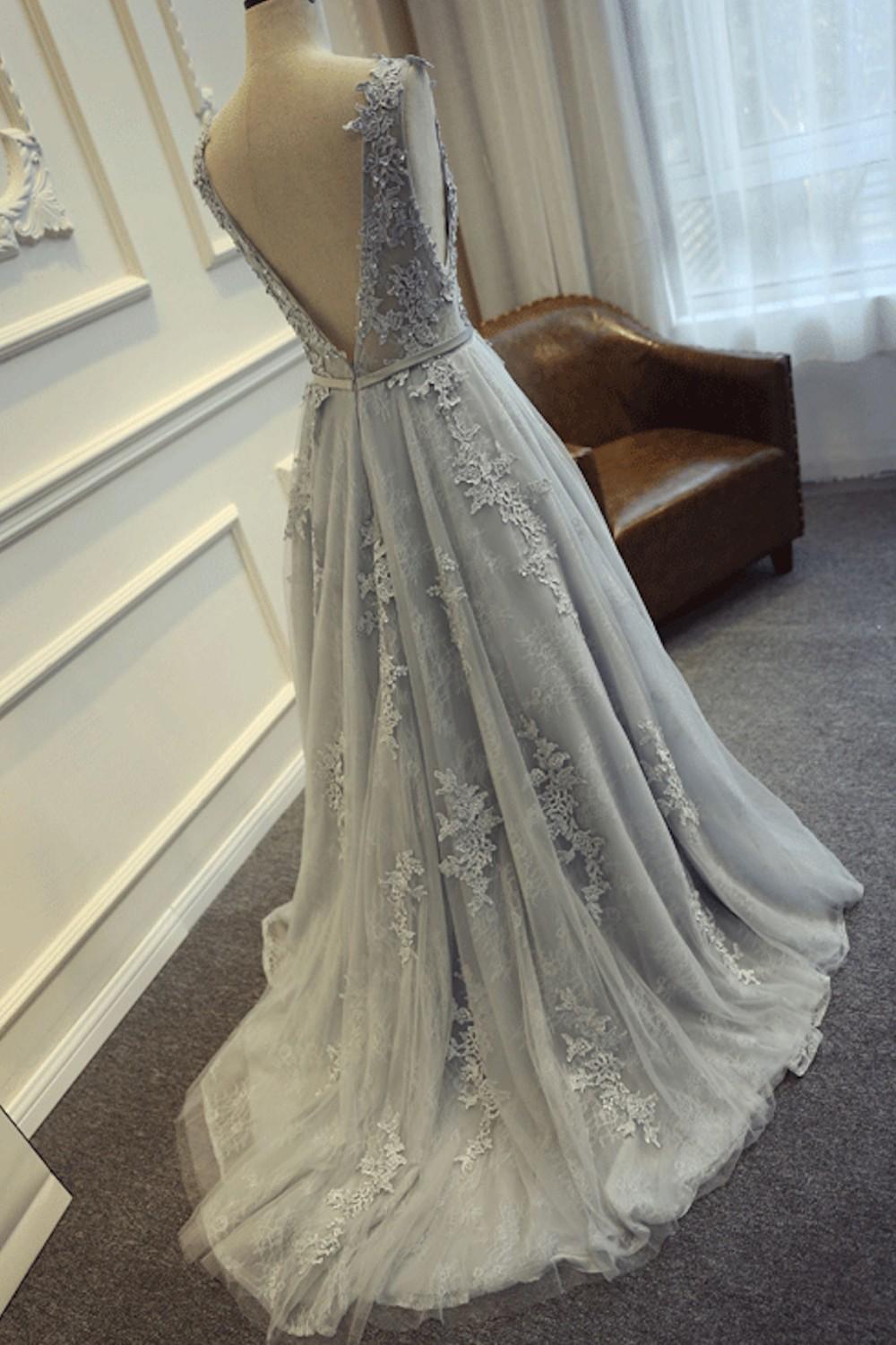 Long Custom Gray V-Back Scoop Tulle With Lace Appliques Prom Formal Prom Dresses