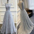 Long Custom Gray V-Back Scoop Tulle With Lace Appliques Prom Formal Prom Dresses