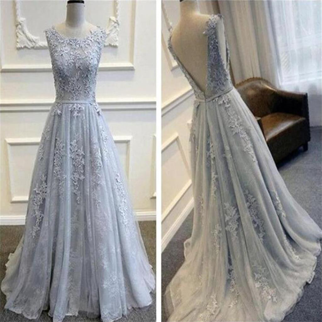Long Custom Gray V-Back Scoop Tulle With Lace Appliques Prom Formal Prom Dresses