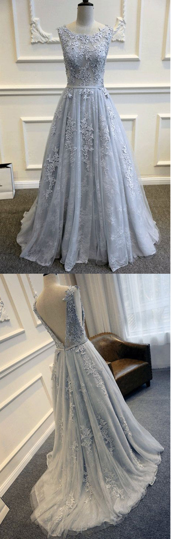 Long Custom Gray V-Back Scoop Tulle With Lace Appliques Prom Formal Prom Dresses