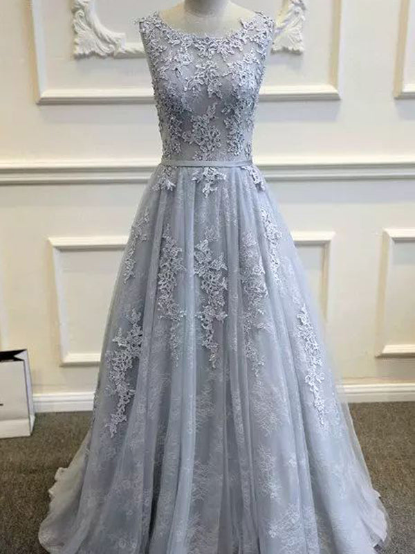 Long Custom Gray V-Back Scoop Tulle With Lace Appliques Prom Formal Prom Dresses