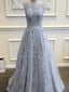 Long Custom Gray V-Back Scoop Tulle With Lace Appliques Prom Formal Prom Dresses