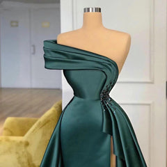 Long Dark Green Satin Prom Dresses Elegant Split Evening Gowns