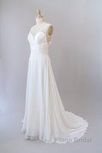 Long Empire A-line V-neck Lace Chiffon Open Back Wedding Dress