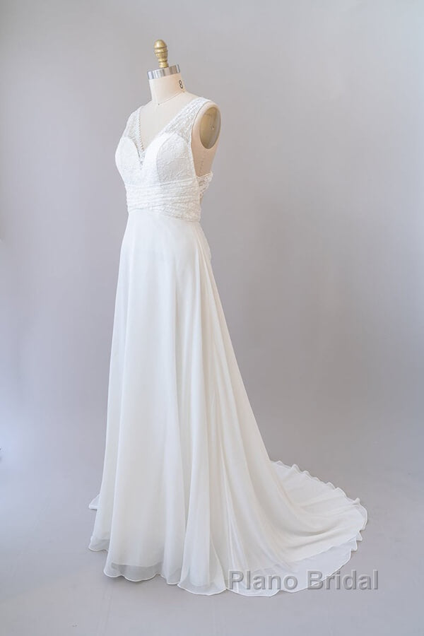 Long Empire A-line V-neck Lace Chiffon Open Back Wedding Dress