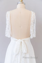 Long Empire A-line V-neck Lace Chiffon Open Back Wedding Dress