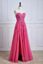 Long Fuchsia Formal Prom Dresses Strapless A-Line Floral Formal Wear Slit