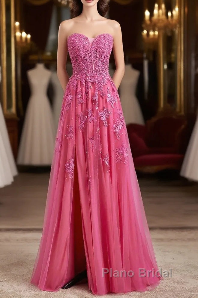 Long Fuchsia Formal Prom Dresses Strapless A-Line Floral Formal Wear Slit