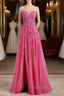 Long Fuchsia Formal Prom Dresses Strapless A-Line Floral Formal Wear Slit