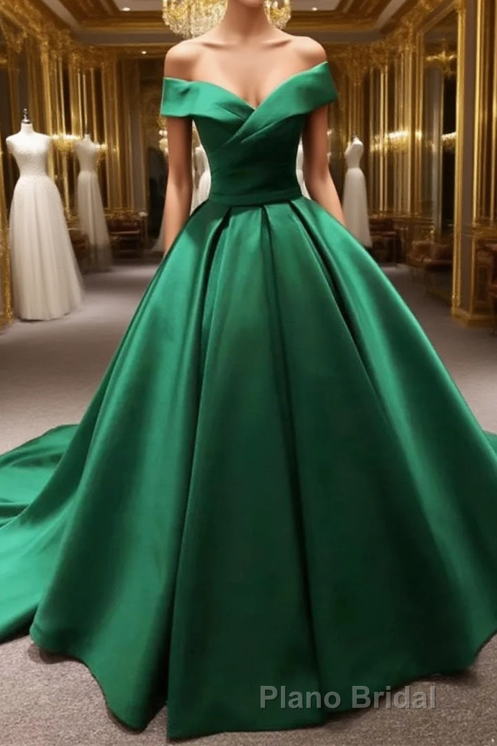 Long Green Satin V-neck Ball Gowns Formal Prom Dresses Off The Shoulder Main image