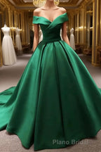 Long Green Satin V-neck Ball Gowns Formal Prom Dresses Off The Shoulder