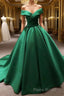 Long Green Satin V-neck Ball Gowns Formal Prom Dresses Off The Shoulder
